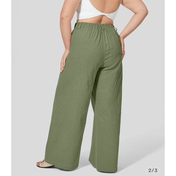 Halara Wide Leg Pants MEDIUM Loden Green Pleated Front 100% Cotton Casual New - Picture 8 of 11